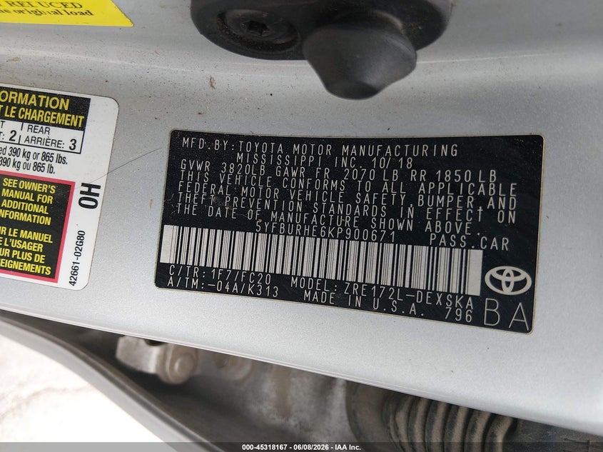 2019 Toyota Corolla VIN 5YFBURHE6KP900671 IAAI salvage auction — FRONT END, Salvage Title, sold $4,675 on 2026-07-15 (photo 9)