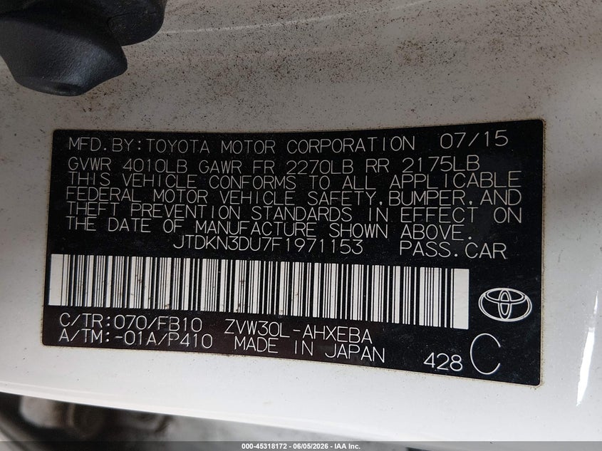 2015 Toyota Prius VIN JTDKN3DU7F1971153 IAAI salvage auction — LEFT FRONT, Salvage Title, sold $2,850 on 2026-07-15 (photo 9)