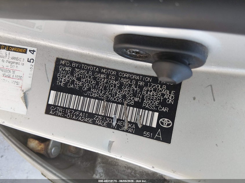 2006 Toyota Corolla VIN JTDBR32E760061458 IAAI salvage auction — NORMAL WEAR, Clear (Connecticut), sold $825 on 2026-07-09 (photo 9)