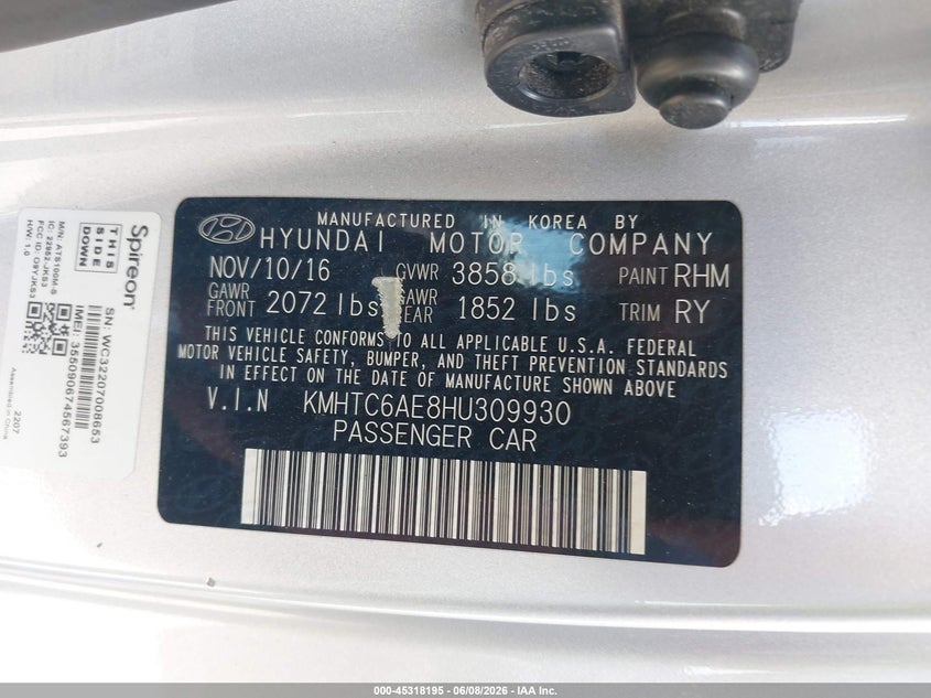 2017 Hyundai Veloster VIN KMHTC6AE8HU309930 IAAI salvage auction — FRONT END, Salvage Title, sold $550 on 2026-07-08 (photo 9)