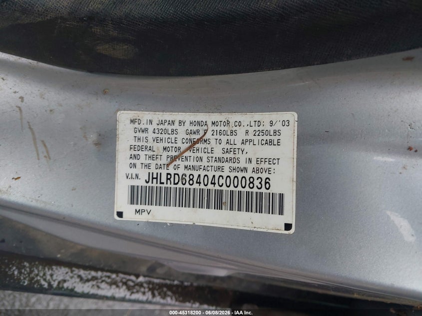 2004 Honda Cr-v VIN JHLRD68404C000836 IAAI salvage auction — NORMAL WEAR, Clear (California), sold $150 on 2026-07-21 (photo 9)