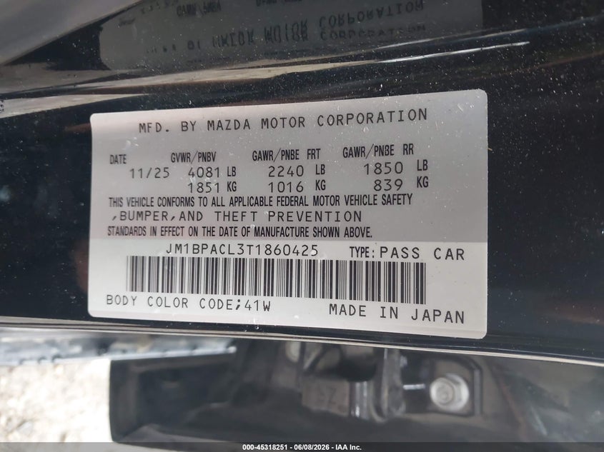 2026 Mazda 3 VIN JM1BPACL3T1860425 IAAI salvage auction — FRONT END, Salvage Title, sold $4,550 on 2026-07-05 (photo 9)