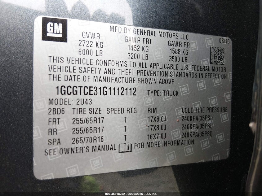 2016 Chevrolet Colorado VIN 1GCGTCE31G1112112 IAAI salvage auction — FRONT END, Salvage (Oregon), sold $325 on 2026-07-29 (photo 9)