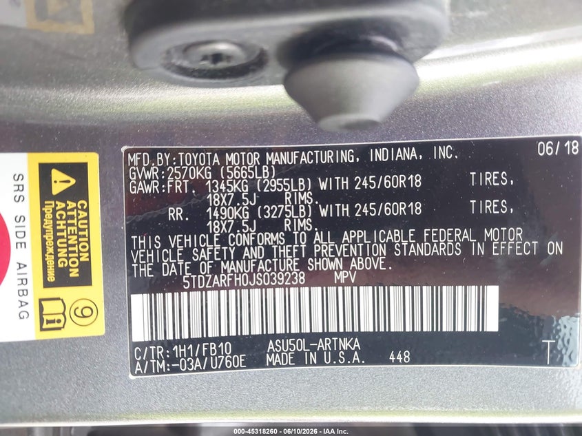 2018 Toyota Highlander VIN 5TDZARFH0JS039238 IAAI salvage auction — HAIL, Original (Texas), sold $14,100 on 2026-07-14 (photo 9)