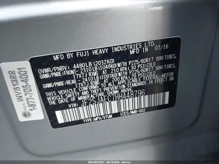 2017 Subaru Forester VIN JF2SJAEC7HH448796 IAAI salvage auction — REAR END, Salvage Certificate (California), sold $5,475 on 2026-07-15 (photo 9)