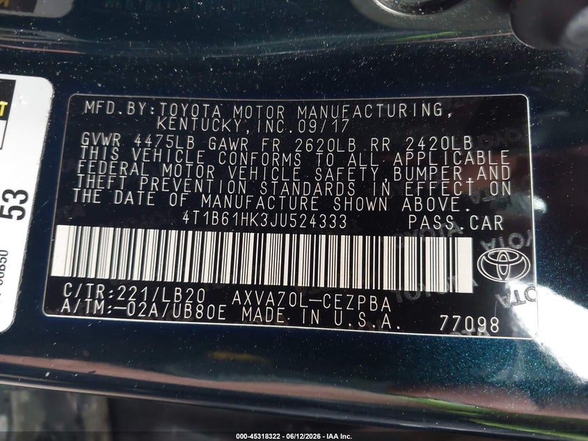 2018 Toyota Camry VIN 4T1B61HK3JU524333 IAAI salvage auction — SIDE, Salvage Title, sold $5,150 on 2026-07-19 (photo 9)