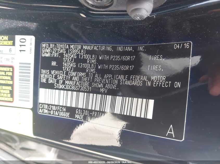 2016 Toyota Sienna VIN 5TDKK3DC8GS730531 IAAI salvage auction — FRONT END, Salvage Title, sold $3,800 on 2026-07-07 (photo 9)