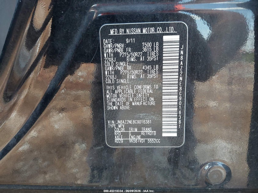 2012 Infiniti Qx56 VIN JN8AZ2NE8C9016381 IAAI salvage auction — HAIL, Clear (Missouri), sold $25 on 2026-07-27 (photo 9)