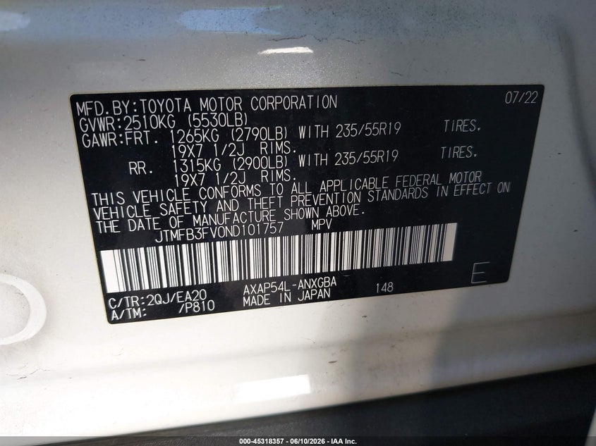 2022 Toyota Rav 4 VIN JTMFB3FV0ND101757 IAAI salvage auction — REAR END, Salvage Title, sold $5,300 on 2026-07-29 (photo 9)