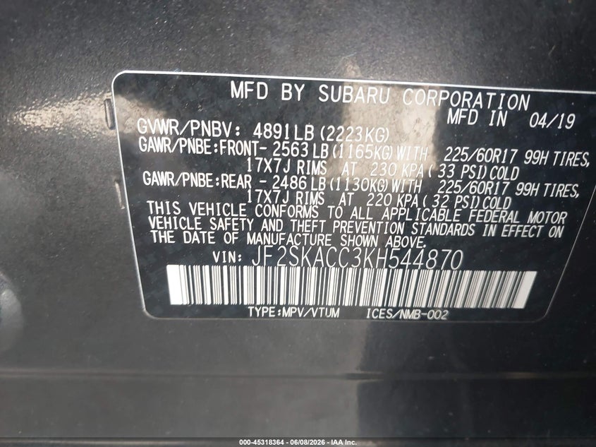 2019 Subaru Forester VIN JF2SKACC3KH544870 IAAI salvage auction — FRONT & REAR, Salvage Title, sold $1,150 on 2026-08-23 (photo 9)