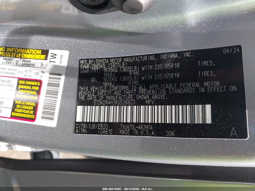 2024 Toyota Highlander VIN 5TDKDRAH3RS538823 IAAI salvage auction — FRONT END, Salvage Title, sold $13,700 on 2026-07-17 (photo 9)