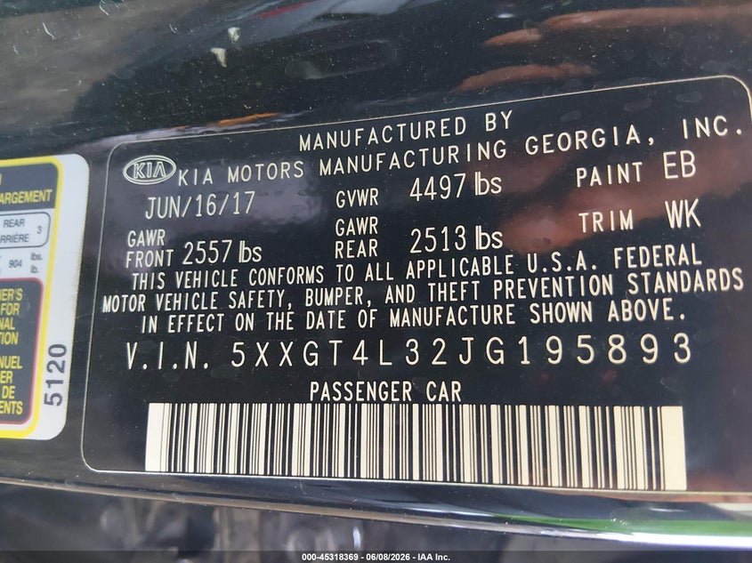 2018 Kia Optima VIN 5XXGT4L32JG195893 IAAI salvage auction — FRONT END, Salvage Title, sold $950 on 2026-07-07 (photo 9)