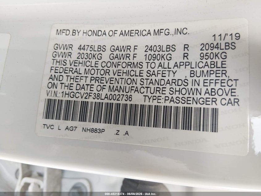 2020 Honda Accord VIN 1HGCV2F38LA002736 IAAI salvage auction — HAIL, Salvage Title, sold $11,700 on 2026-07-31 (photo 9)