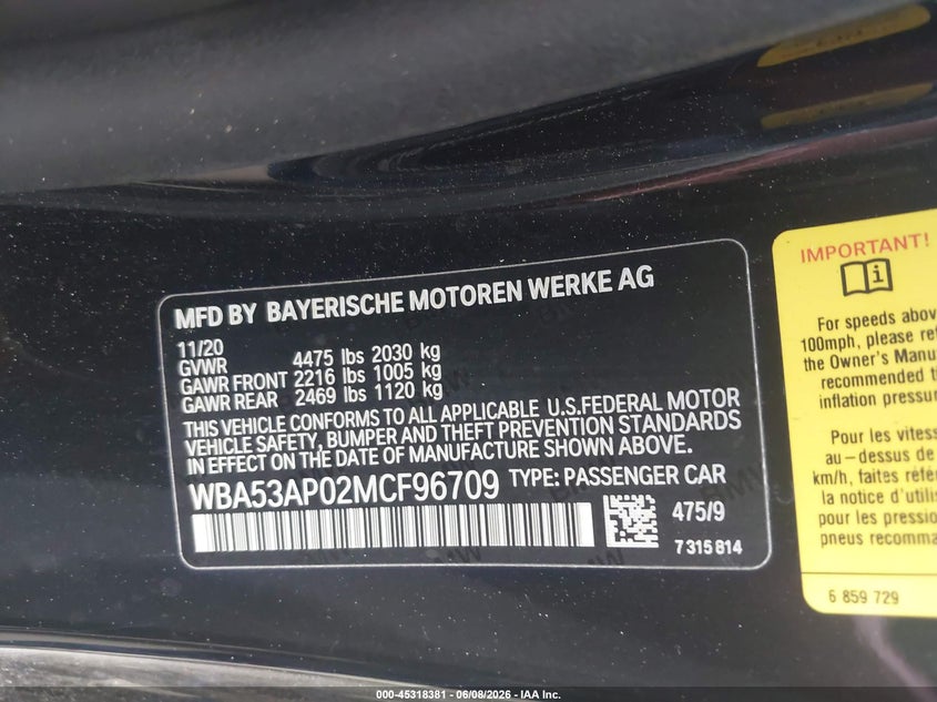 2021 BMW 4er VIN WBA53AP02MCF96709 IAAI salvage auction — UNDERCARRIAGE, Salvage Title, sold $15,300 on 2026-07-12 (photo 9)