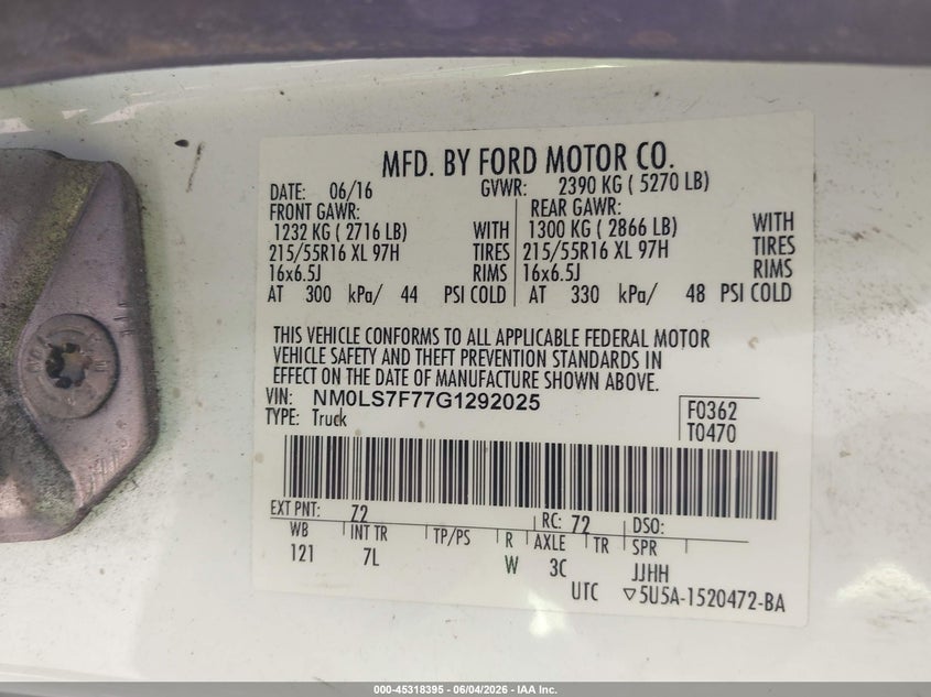 2016 Ford Transit VIN NM0LS7F77G1292025 IAAI salvage auction — NORMAL WEAR, Salvage Title, sold $475 on 2026-07-28 (photo 9)