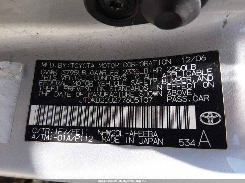 2007 Toyota Prius VIN JTDKB20U277605107 IAAI salvage auction — NORMAL WEAR, Clear (Massachusetts), sold $450 on 2026-07-15 (photo 9)