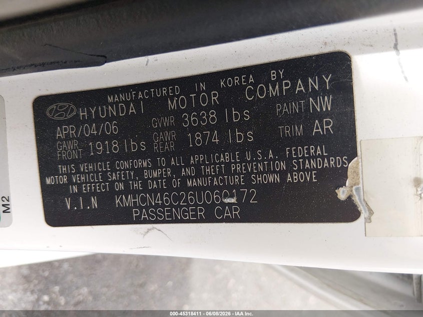 2006 Hyundai Accent VIN KMHCN46C26U060172 IAAI salvage auction — FRONT END, Salvage (Nevada), sold $275 on 2026-07-10 (photo 9)