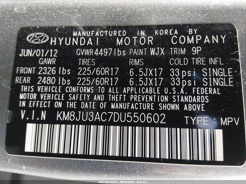 2013 Hyundai Tucson VIN KM8JU3AC7DU550602 IAAI salvage auction — SIDE, Salvage Title, sold $1,550 on 2026-07-25 (photo 9)