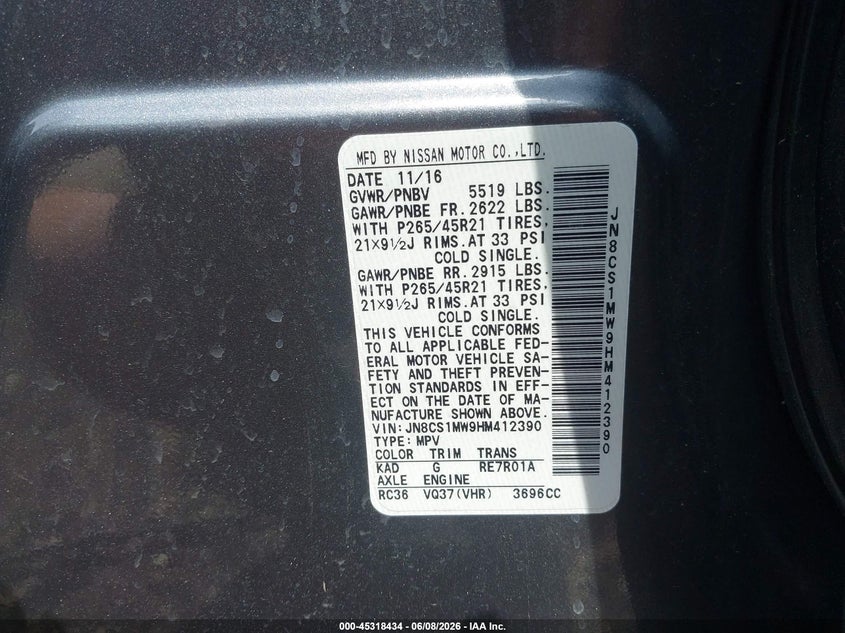 2017 Infiniti Qx70 VIN JN8CS1MW9HM412390 IAAI salvage auction — FRONT END, Salvage Title, sold $2,950 on 2026-07-11 (photo 9)