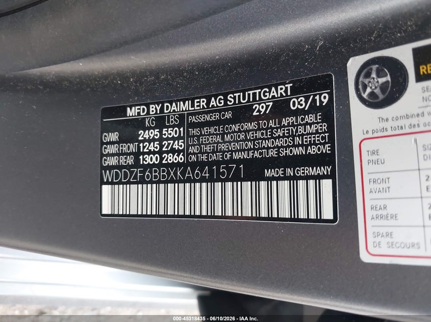 2019 Mercedes-benz VIN WDDZF6BBXKA641571 IAAI salvage auction — FRONT END, Salvage Title, sold $8,200 on 2026-07-28 (photo 9)