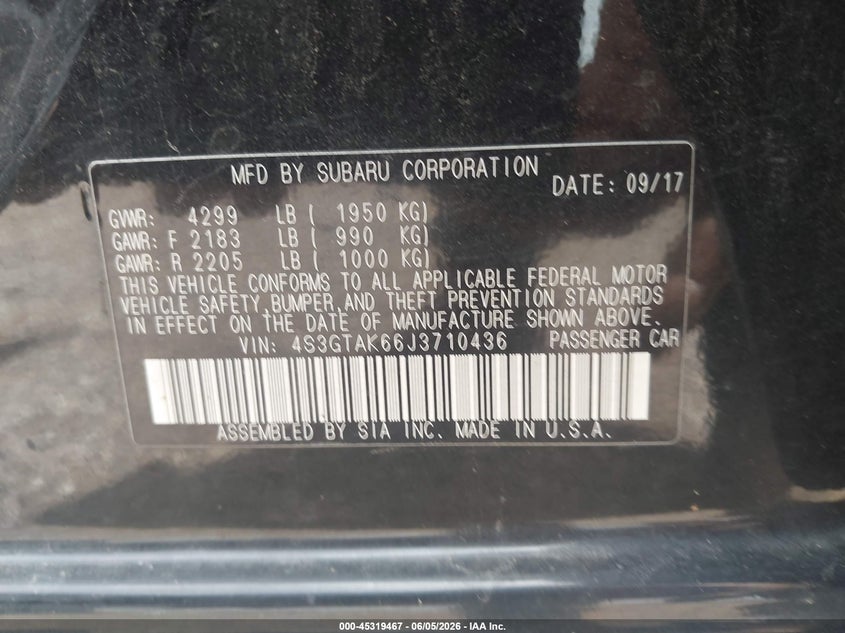 2018 Subaru Impreza VIN 4S3GTAK66J3710436 IAAI salvage auction — FRONT END, Salvage Title, sold $1,125 on 2026-07-29 (photo 9)