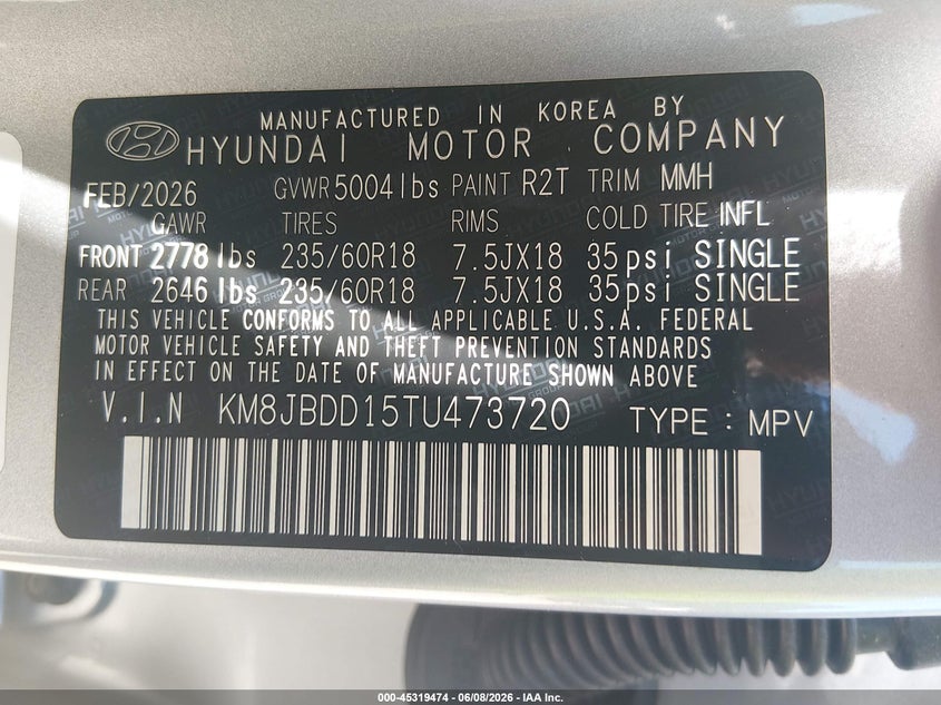 2026 Hyundai Tucson VIN KM8JBDD15TU473720 IAAI salvage auction — FRONT END, Salvage Title, sold $11,700 on 2026-07-29 (photo 9)