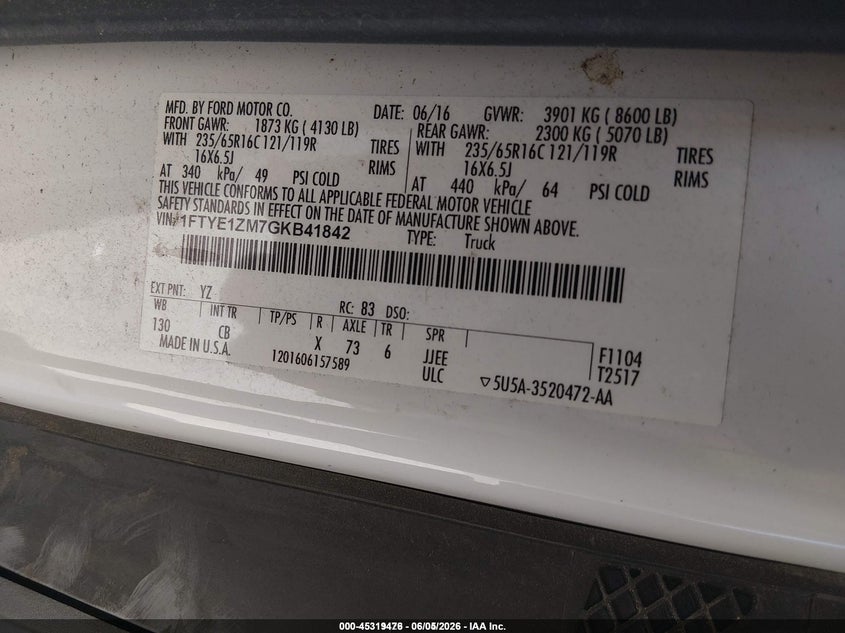 2016 Ford Transit 150 VIN 1FTYE1ZM7GKB41842 IAAI salvage auction — NORMAL WEAR, Sf97 (North Carolina), sold $12,875 on 2026-08-13 (photo 9)