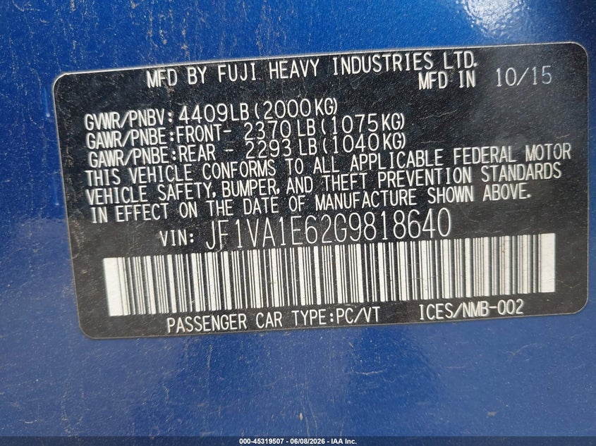 2016 Subaru Wrx VIN JF1VA1E62G9818640 IAAI salvage auction — LEFT FRONT, Salvage Title, sold $1,400 on 2026-07-22 (photo 9)