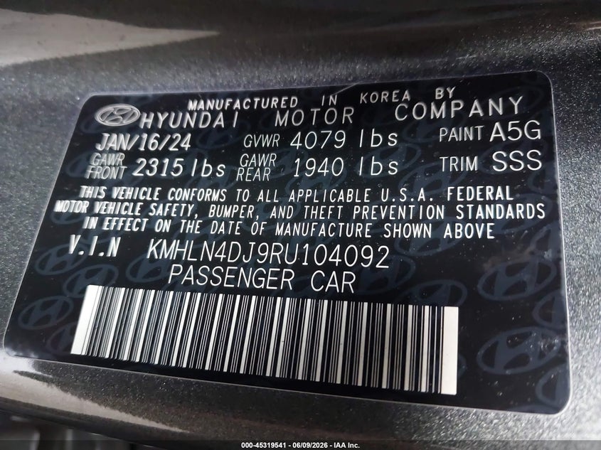 2024 Hyundai Elantra VIN KMHLN4DJ9RU104092 IAAI salvage auction — FRONT END, Salvage Title, sold $3,175 on 2026-07-13 (photo 9)