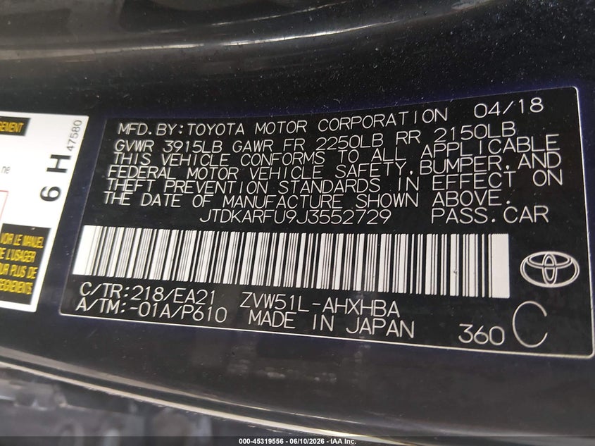 2018 Toyota Prius VIN JTDKARFU9J3552729 IAAI salvage auction — FRONT END, Clear (Indiana), sold $2,950 on 2026-07-22 (photo 9)