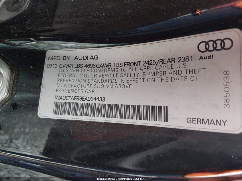 2014 Audi A5 VIN WAUCFAFR9EA024433 IAAI salvage auction — REAR END, Salvage Title, sold $800 on 2026-07-22 (photo 9)