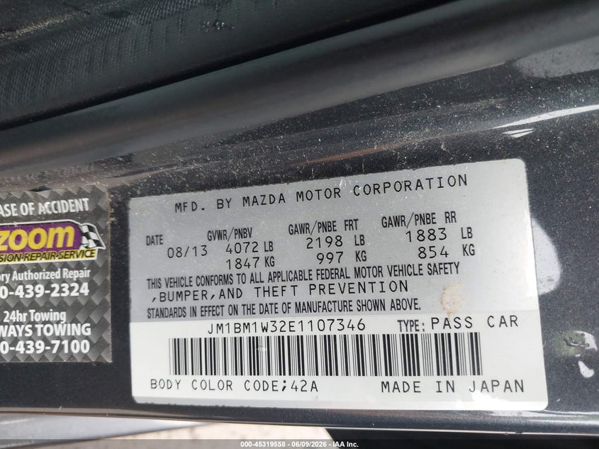 2014 Mazda 3 VIN JM1BM1W32E1107346 IAAI salvage auction — LEFT FRONT, Salvage Title, sold $2,675 on 2026-07-07 (photo 9)