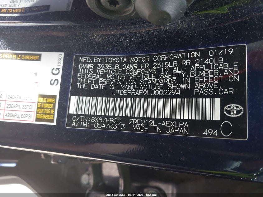 2020 Toyota Corolla VIN JTDEPRAE9LJ002294 IAAI salvage auction — FRONT END, Salvage (Massachusetts), sold $2,500 on 2026-07-17 (photo 9)