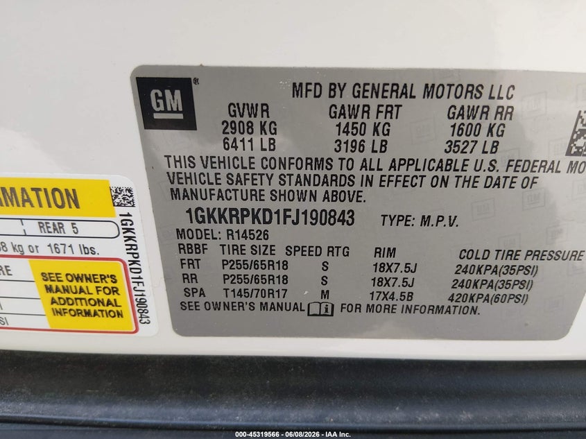 2015 Gmc Acadia VIN 1GKKRPKD1FJ190843 IAAI salvage auction — FRONT END, Salvage Title, sold $425 on 2026-07-09 (photo 9)