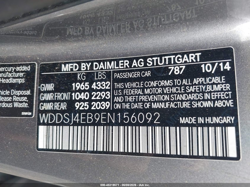 2014 Mercedes-benz Cla-klasse VIN WDDSJ4EB9EN156092 IAAI salvage auction — ALL OVER, Salvage (Georgia), sold $1,325 on 2026-07-28 (photo 9)