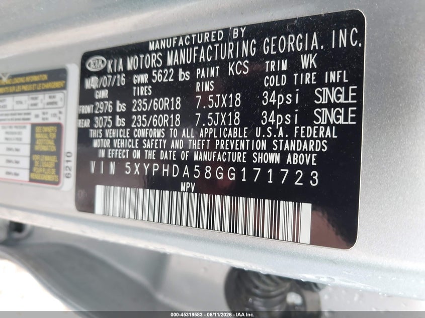2016 Kia Sorento VIN 5XYPHDA58GG171723 IAAI salvage auction — FRONT END, Clear (Virginia), sold $1,600 on 2026-07-07 (photo 9)