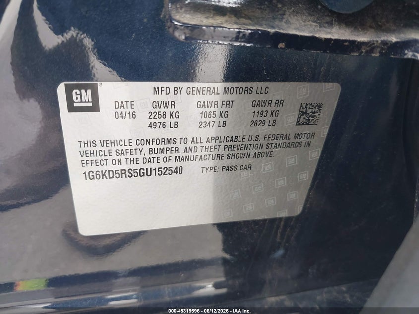 2016 Cadillac Ct6 VIN 1G6KD5RS5GU152540 IAAI salvage auction — REAR END, Salvage (Texas), sold $9,050 on 2026-07-08 (photo 9)