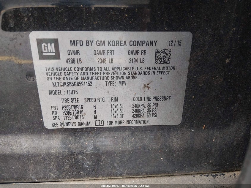 2016 Chevrolet Trax VIN KL7CJKSB5GB591152 IAAI salvage auction — NORMAL WEAR, Salvage Title, sold $525 on 2026-07-29 (photo 9)