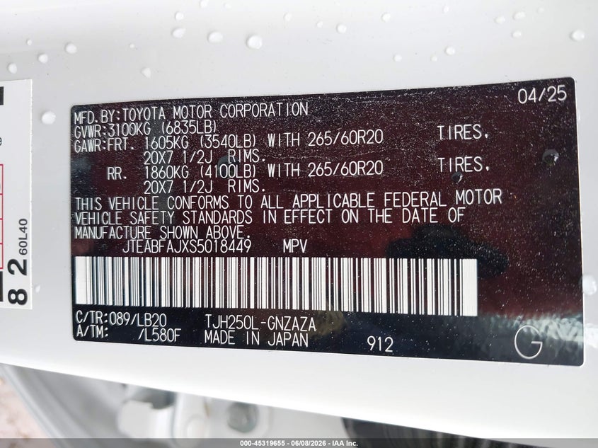 2025 Toyota Land cruiser VIN JTEABFAJXS5018449 IAAI salvage auction — LEFT SIDE, Salvage Title, sold $8,300 on 2026-07-27 (photo 9)