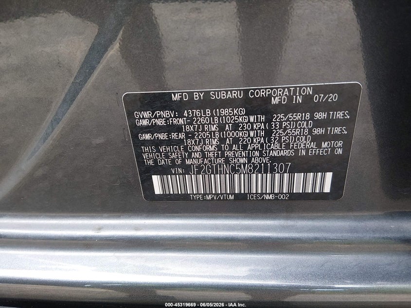 2021 Subaru Xv VIN JF2GTHNC5M8211307 IAAI salvage auction — FRONT & REAR, Salvage Title, sold $2,350 on 2026-07-21 (photo 9)