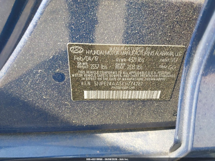 2019 Hyundai Sonata VIN 5NPE24AA5KH774281 IAAI salvage auction — NORMAL WEAR, Sf97 (New Hampshire), sold $11,700 on 2026-07-23 (photo 9)