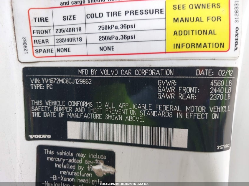 2012 Volvo C70 VIN YV1672MC8CJ129862 IAAI salvage auction — LEFT SIDE, Salvage Title, sold $1,325 on 2026-07-29 (photo 9)