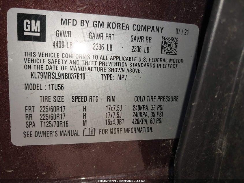 2022 Chevrolet Trailblazer VIN KL79MRSL9NB037810 IAAI salvage auction — HAIL, Salvage Title, sold $7,600 on 2026-07-15 (photo 9)