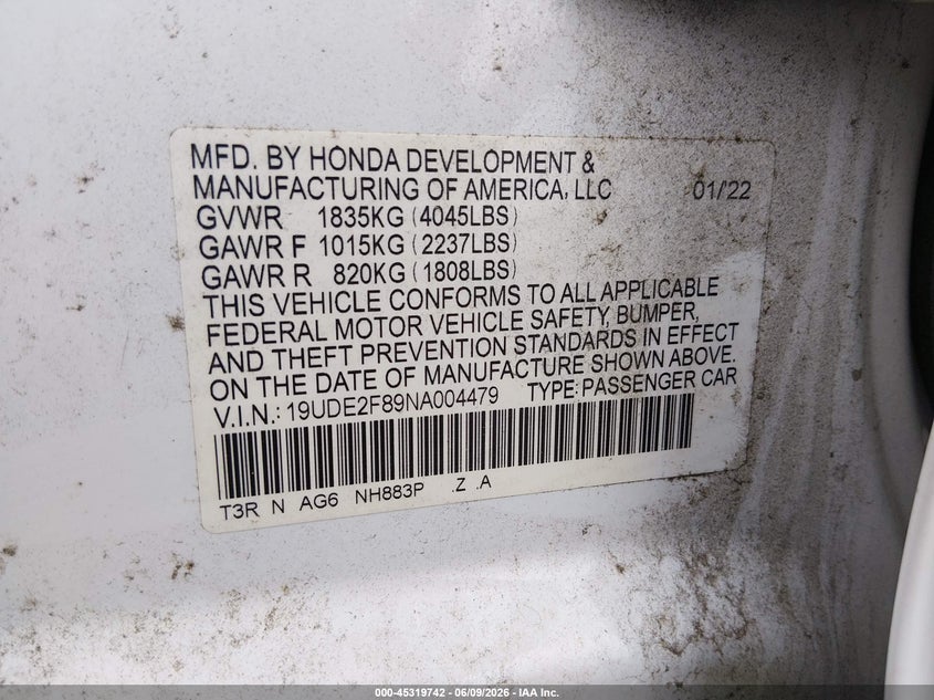 2022 Acura Ilx VIN 19UDE2F89NA004479 IAAI salvage auction — LEFT & RIGHT, Salvage (South Carolina), sold $5,000 on 2026-09-08 (photo 9)