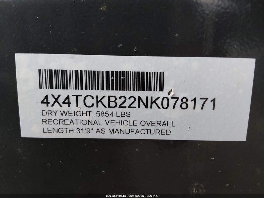 2022 Forest river Other VIN 4X4TCKB22NK078171 IAAI salvage auction — HAIL, Regular Certificate (Iowa), sold $1,550 on 2026-07-29 (photo 9)