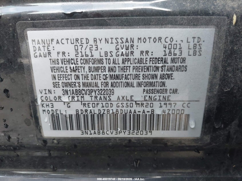 2023 Nissan Sentra VIN 3N1AB8CV3PY322039 IAAI salvage auction — REAR END, Clear (Missouri), sold $7,100 on 2026-07-25 (photo 9)