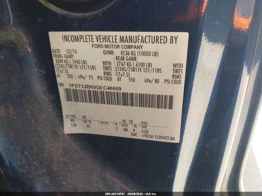2016 Ford F-250 VIN 1FD7X2B69GEC46609 IAAI salvage auction — NORMAL WEAR, SF97 (New Hampshire), sold $11,925 on 2026-07-31 (photo 9)