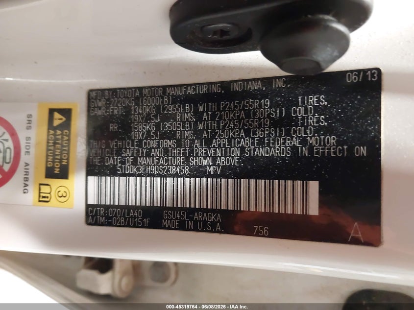 2013 Toyota Highlander VIN 5TDDK3EH9DS238458 IAAI salvage auction — FRONT END, Salvage Title, sold $4,000 on 2026-07-06 (photo 9)