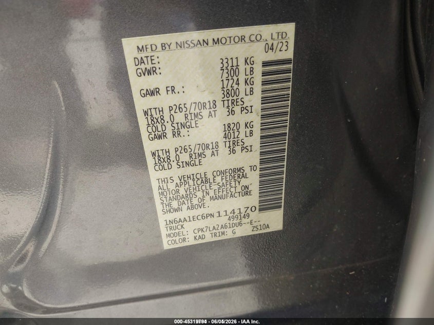 2023 Nissan TITAN VIN 1N6AA1EC6PN114170 IAAI salvage auction — NORMAL WEAR, Sf97 (New Hampshire), sold $10,100 on 2026-07-23 (photo 9)