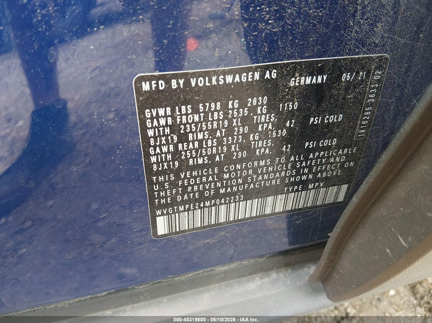 2021 Volkswagen Id.4 VIN WVGTMPE24MP042233 IAAI salvage auction — FRONT & REAR, Wait Title, sold $7,200 on 2026-08-12 (photo 9)